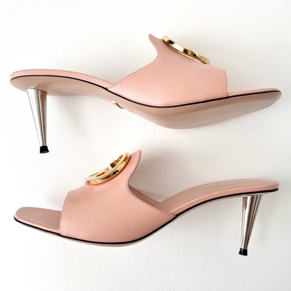 New GUCCI || Pink Blondie Mule Gold GG Interlocking Logo US 8.5 - Picture 10 of 16